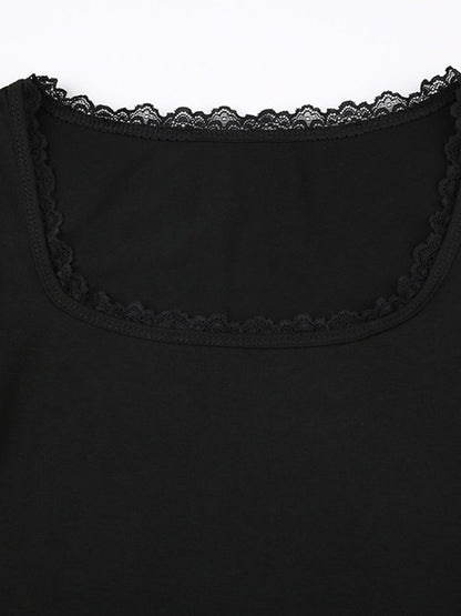 Square Neck Short Sleeve Crop Top with Lace Trim Splice