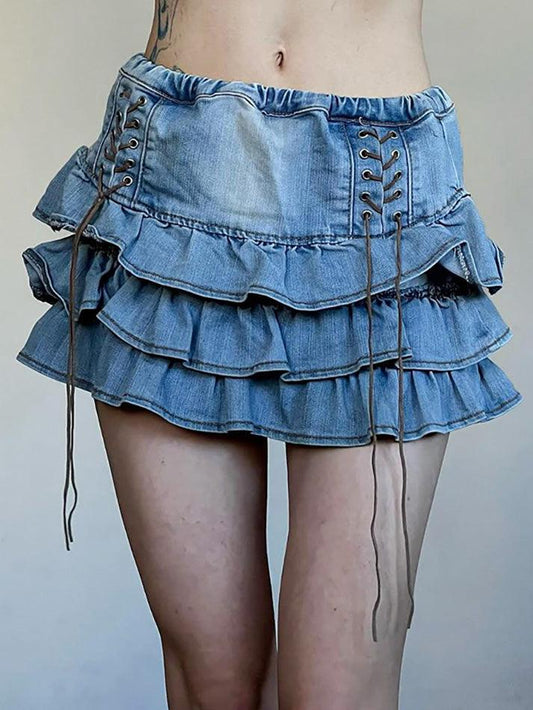 Blue Vintage Tie Up High Rise Tiered Denim Mini Skirt