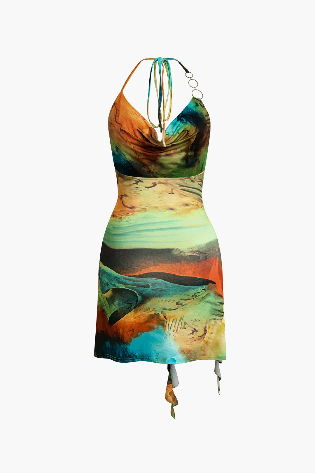 Vintage abstracte print halter col-split mini-jurk met striksluiting