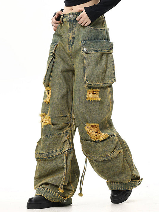 Vintage Faded Effect Cargo Jeans with Holes
