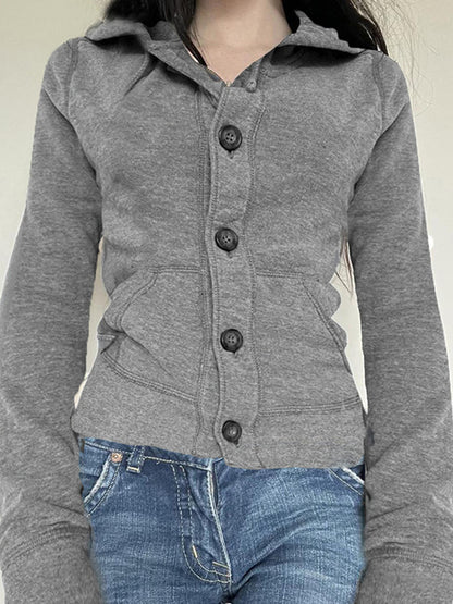 Gray Vintage Simple Style Buttoned Drawstring Hooded Jacket