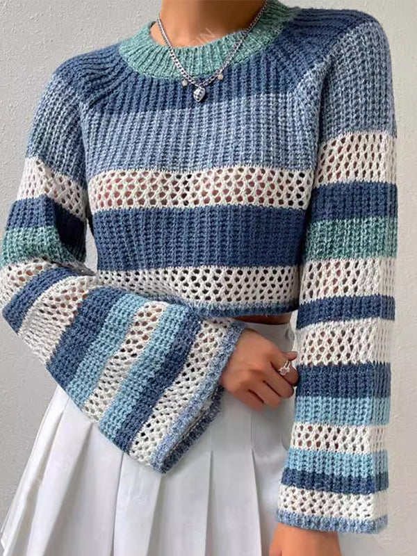 Blue 2000s Stripe Print Oversized Sweaters