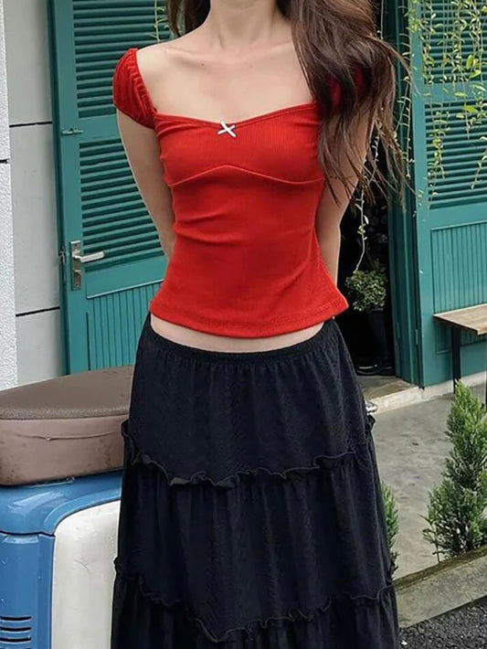 Vintage Cap Sleeve Lace Up Back Bow Crop Tee