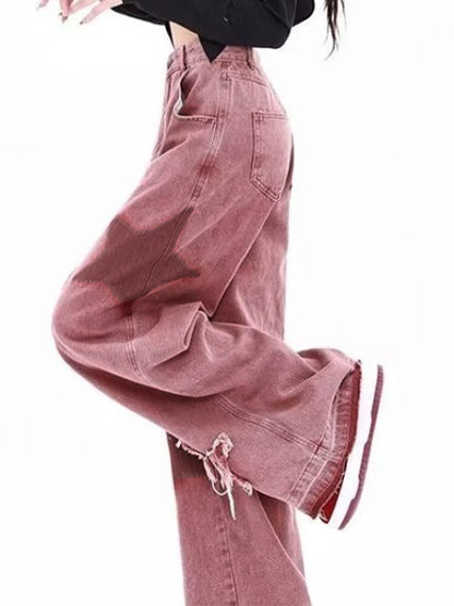 Roze hippe boyfriend jeans met popsterrenprint en borduursel