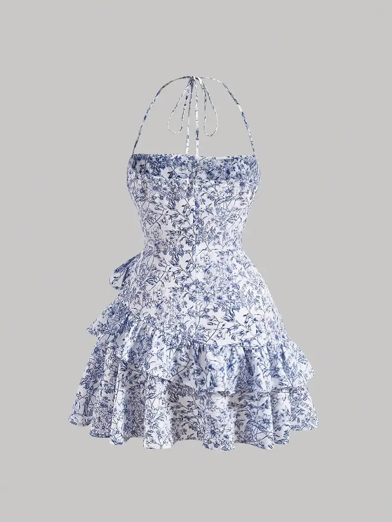 Robe dos nu bleue à imprimé floral superposé et ourlet à volants 