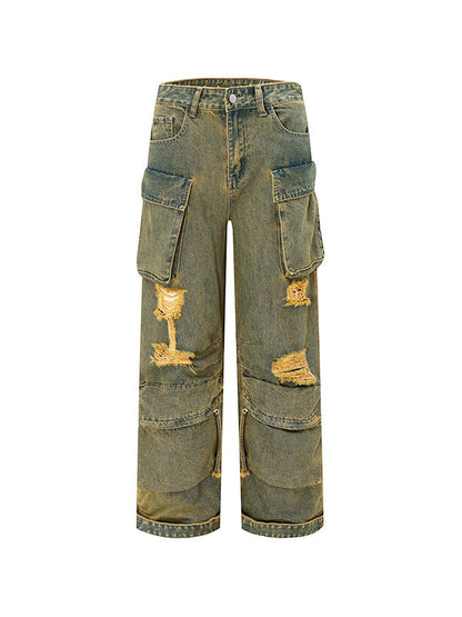 Vintage cargojeans met vervaagd effect en gaten