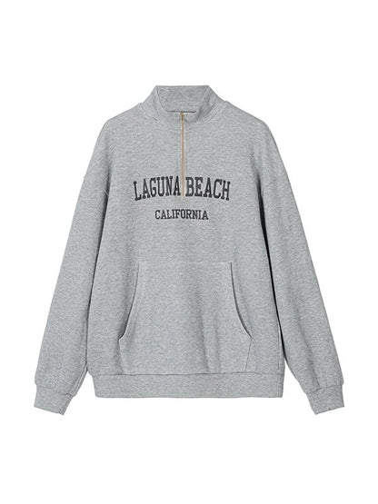 Grey Vintage Half Zip Knit Sweatshirt with Letter Embroidery