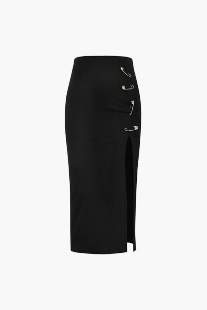 Black Y2k Pothook Detail Slit Midi Skirt