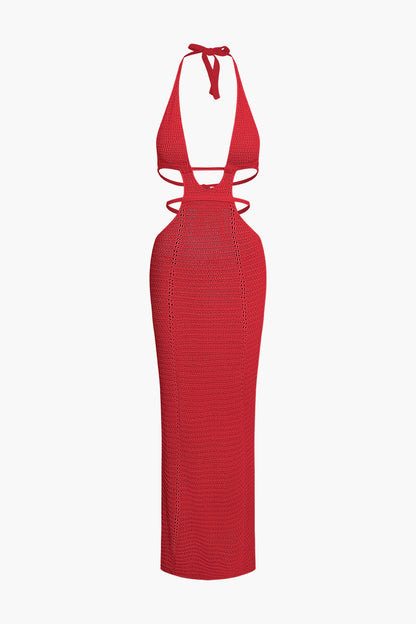 Solid Color Cut Out Halter Backless Knit Maxi Dress