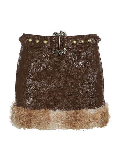 Brown Vintage Fuzzy Hem Splice Belted Leather Mini Skirt
