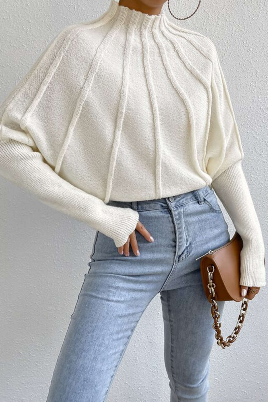 Solid Color Mock Neck Textured Batwing Sleeve Sweater