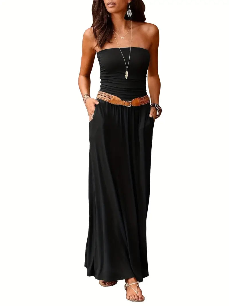 Vintage effen kleur veelzijdige strapless maxi-jurk met zakken