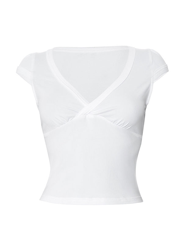 2000s White Short Sleeve Crop Top with V Neck