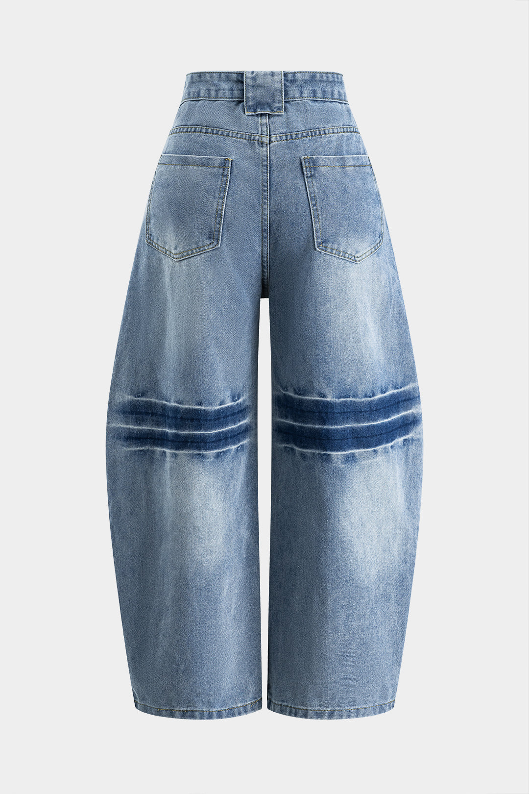 Blue Denim Button Pocket Curve Leg Wide Leg Barrel Jeans