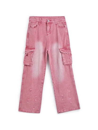 Pink Y2K Multi Pocket Ripped Cargo Jeans with Faded Effect