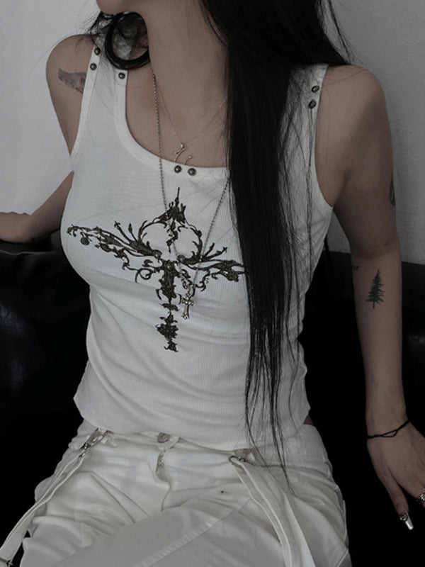 White Gothic Print Rivet Tank Top