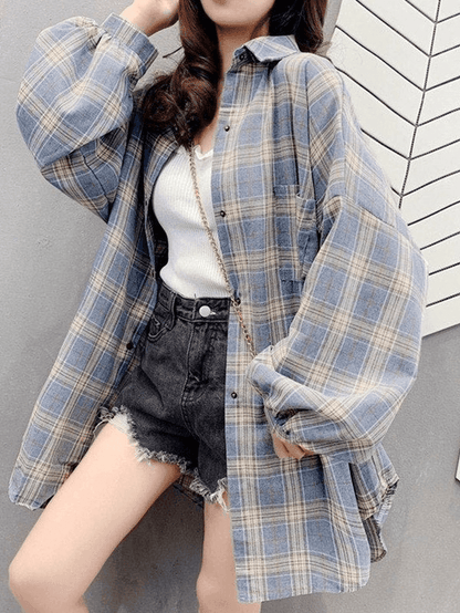 Vintage Checkered Oversized Long Sleeve Button Blouse