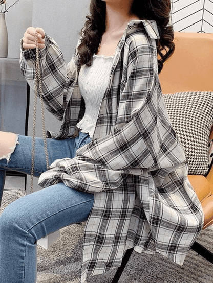 Vintage Checkered Oversized Long Sleeve Button Blouse