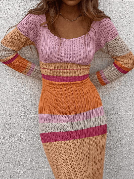 Robe longue en maille fine à rayures color block