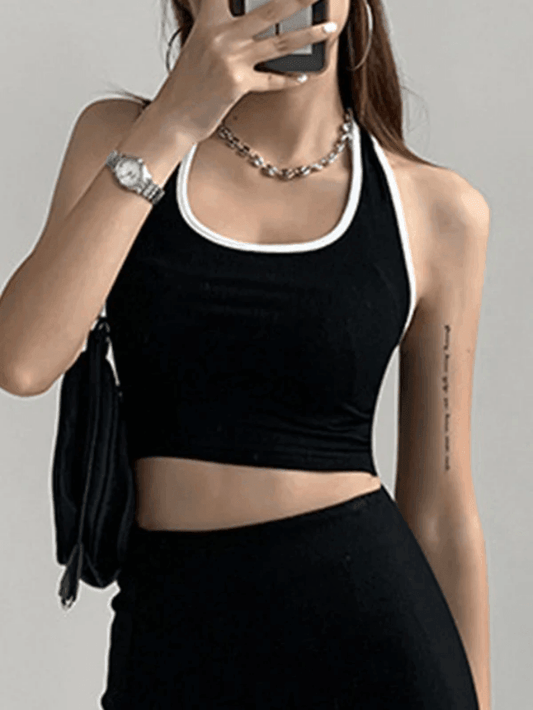 Contrasterende kleur vintage trim cropped halter tanktop