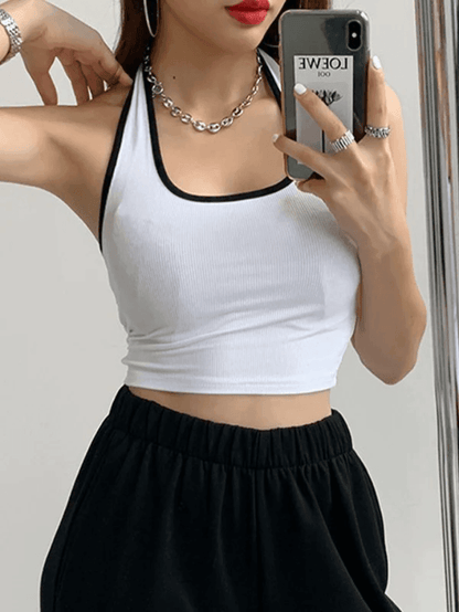 Contrasterende kleur vintage trim cropped halter tanktop