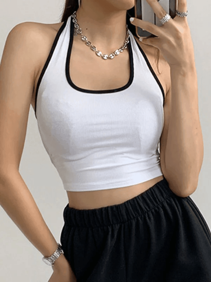 Contrast Color Vintage Trim Cropped Halter Tank Top