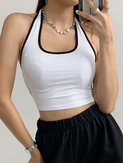 Contrasterende kleur vintage trim cropped halter tanktop