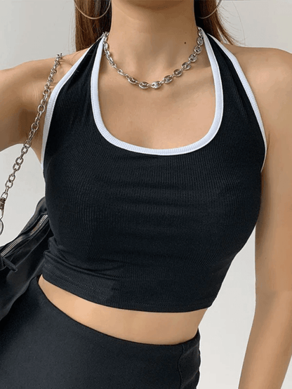 Contrasterende kleur vintage trim cropped halter tanktop