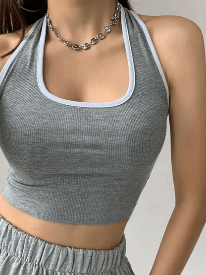 Contrasterende kleur vintage trim cropped halter tanktop