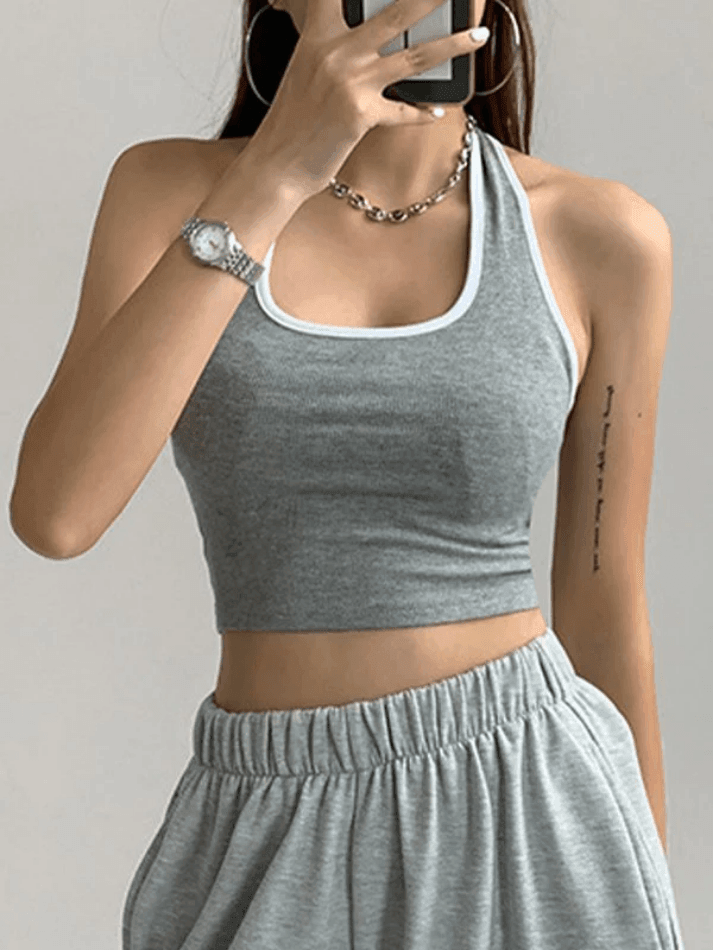 Contrasterende kleur vintage trim cropped halter tanktop