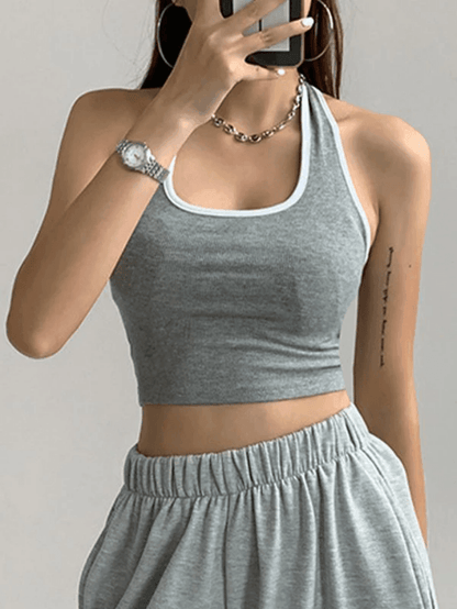 Contrasterende kleur vintage trim cropped halter tanktop