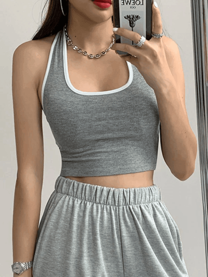 Contrast Color Vintage Trim Cropped Halter Tank Top