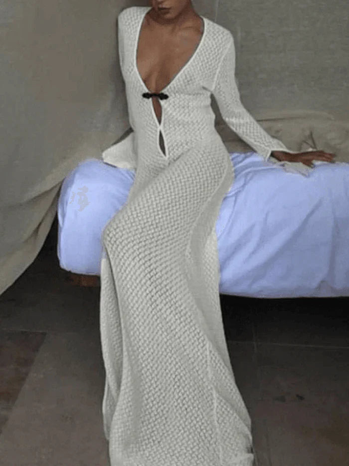 Robe de plage longue blanche au crochet à manches longues