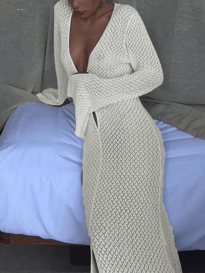 Robe de plage longue blanche au crochet à manches longues