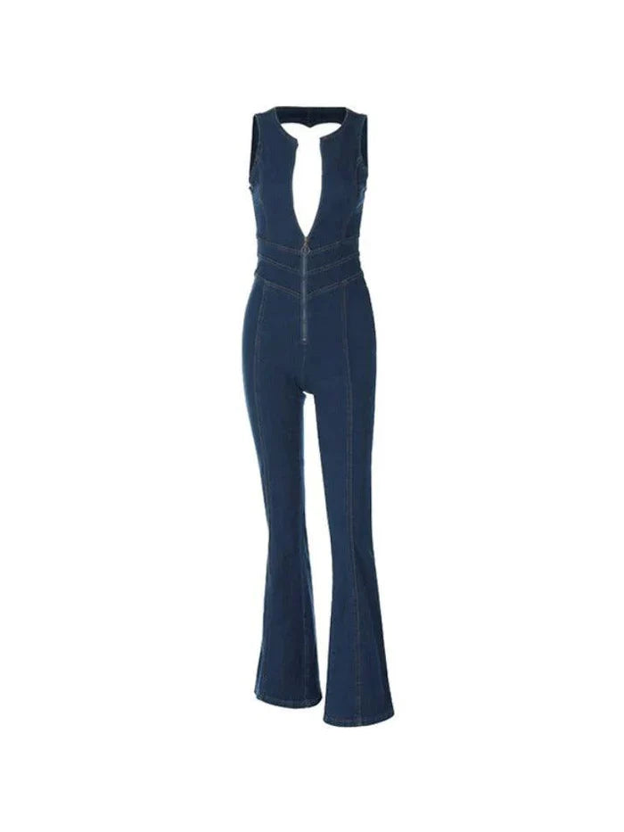 Vintage denim jumpsuit met hoge taille en rugloze ritssluiting