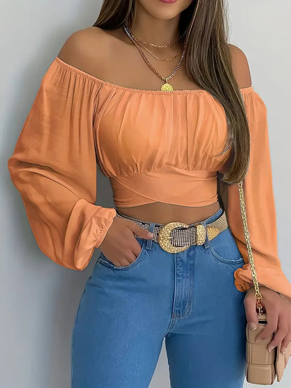 Orange Cross Tie Back Off Shoulder Crop Blouse