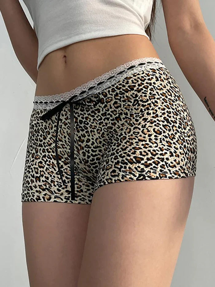 Punk Low Rise Leopard Print Shorts with Lace Trim