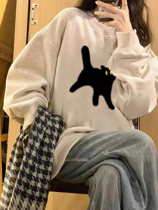 Retro Oversize Sweatshirt with Cat Print