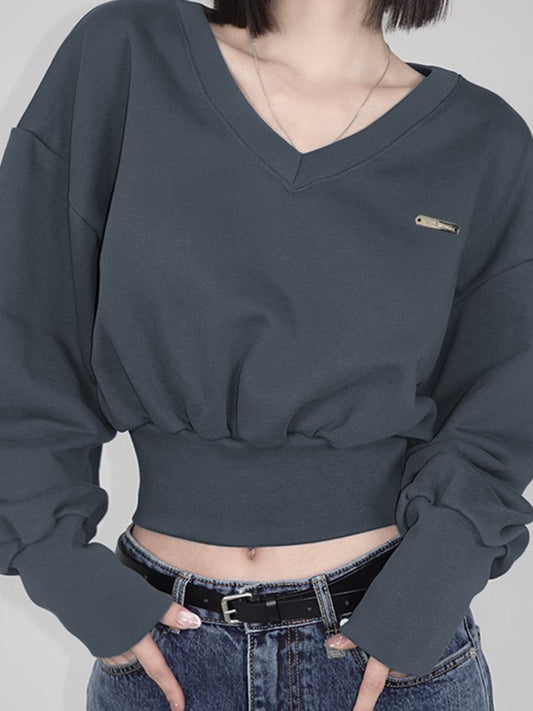 Solid Color Vintage Simple V Neck Sweatshirts