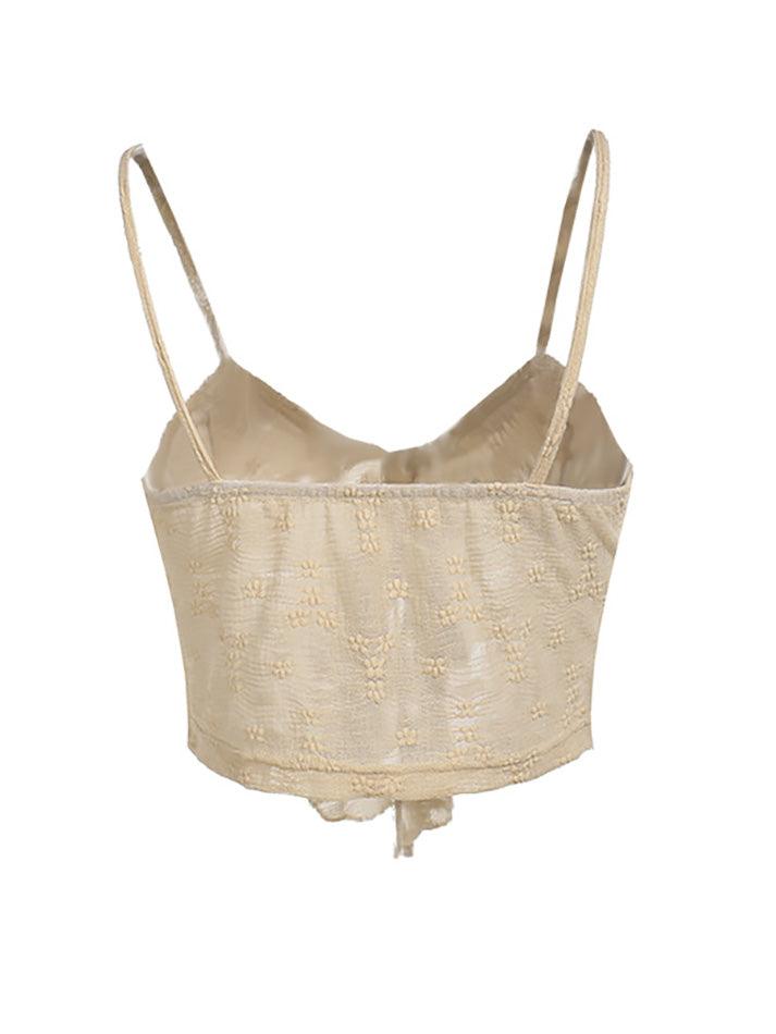 Beige Y2K kanten geknoopte gebreide crop top met ruches en zoom