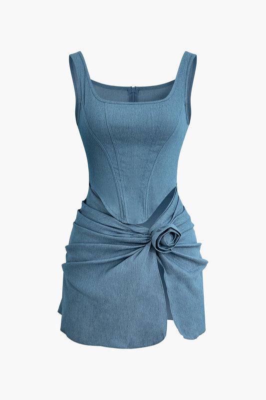 Blue Vintage 3D Flower Ruched Tank Denim Dress