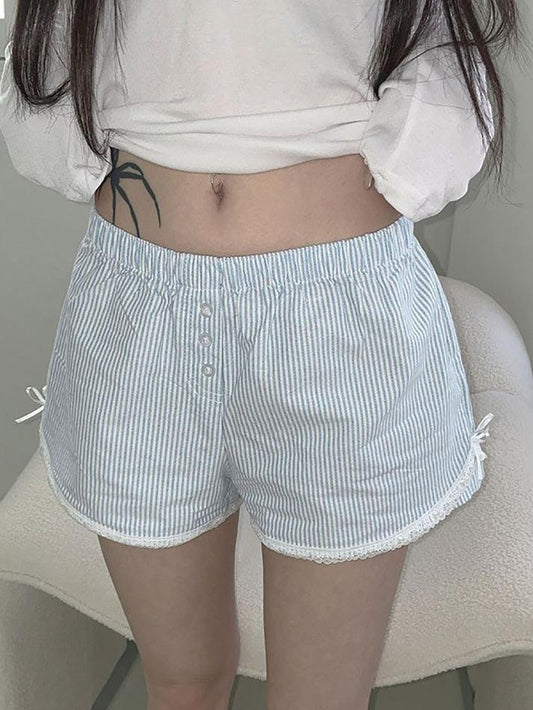 Blue Bow Lace Patchwork Striped Shorts