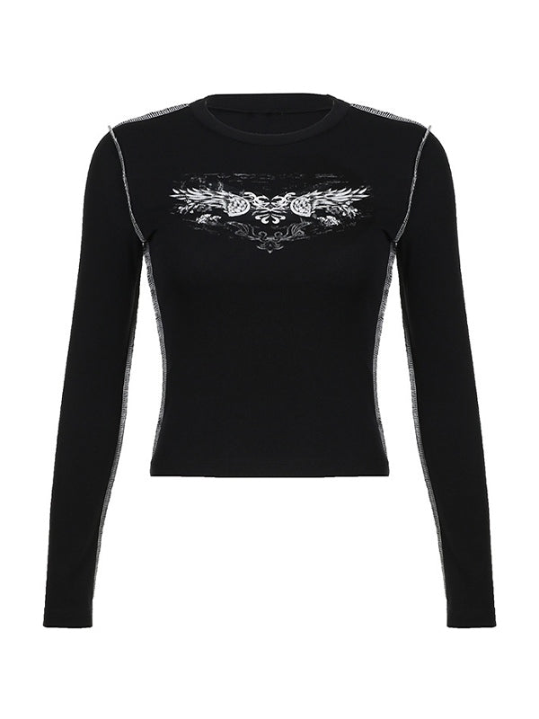 Black Hip Hop Wing Print Top-stitching Long Sleeve Knit