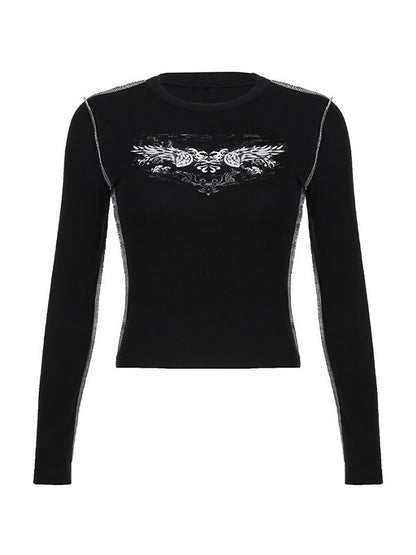 Black Hip Hop Wing Print Top-stitching Long Sleeve Knit