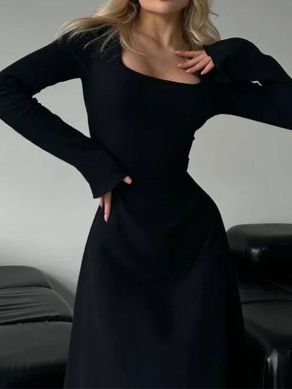 Solid Color Y2k Elegant Slim Fitting Long Sleeves Maxi Dresses