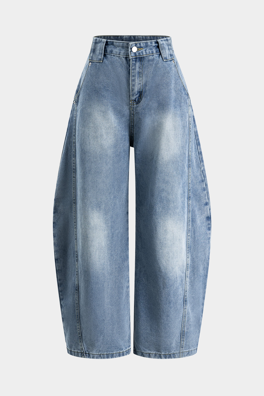 Blue Denim Button Pocket Curve Leg Wide Leg Barrel Jeans