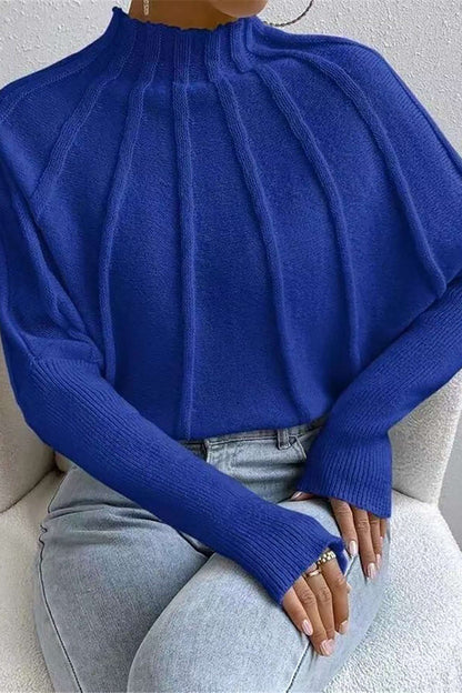 Solid Color Mock Neck Textured Batwing Sleeve Sweater