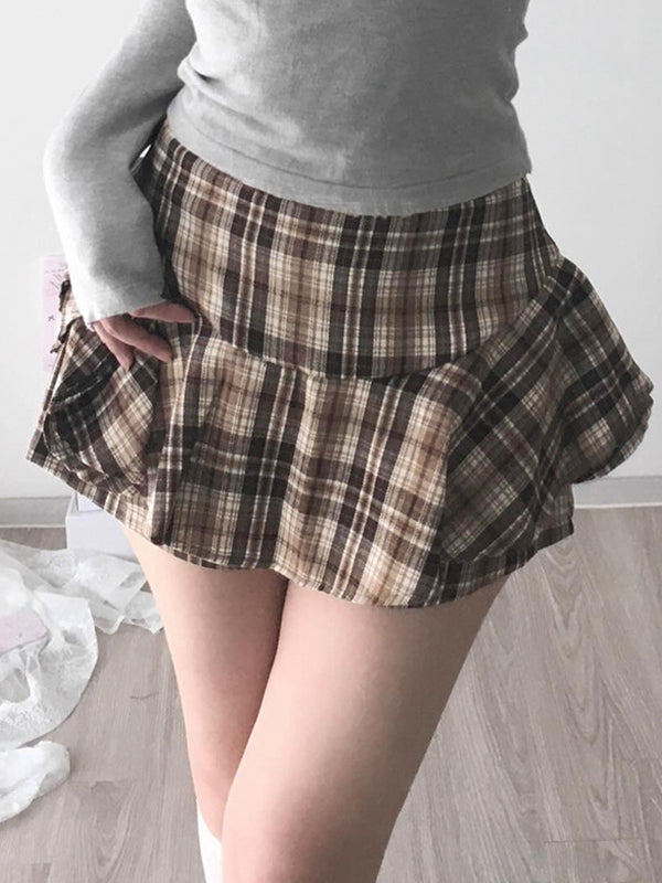 Brown Vintage Contrast Plaid Mini Skirts