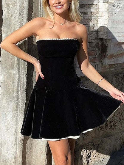 Black Vintage Velvet Splice Pleated Bandeau Mini Dress