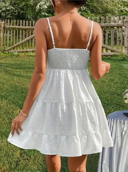 White Vintage Dot Ruched Front Ruffle Hem Dress